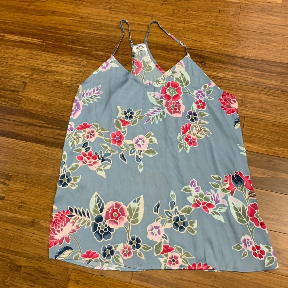Josie Natori Floral Tank Top Womens Size Large Racerback Sleeveless Blue Pink
